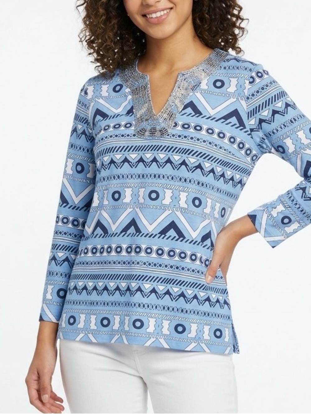 NWT Cathy Daniels Blue Geometric Beaded V-Neck Top Size M